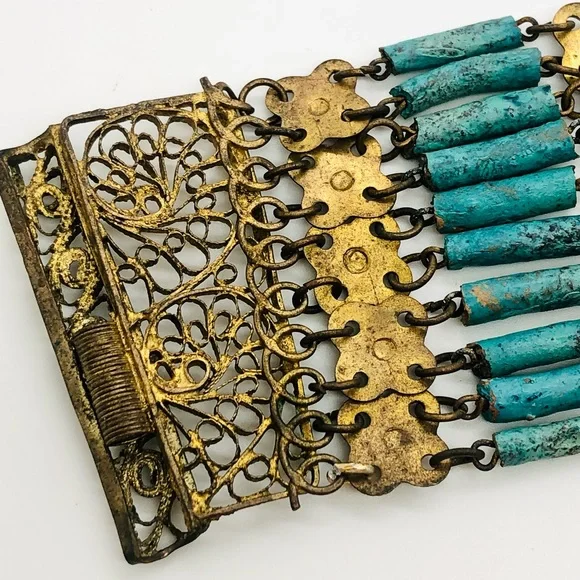 Rare Vintage Egyptian Revival Faience brass filigree bracelet - Picture 11 of 16